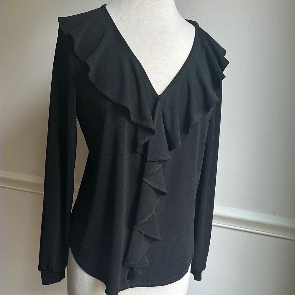 Leota Black Ruffle V-Neck Top Blouse Long Sleeve Ploy Spandex blend Small EUC